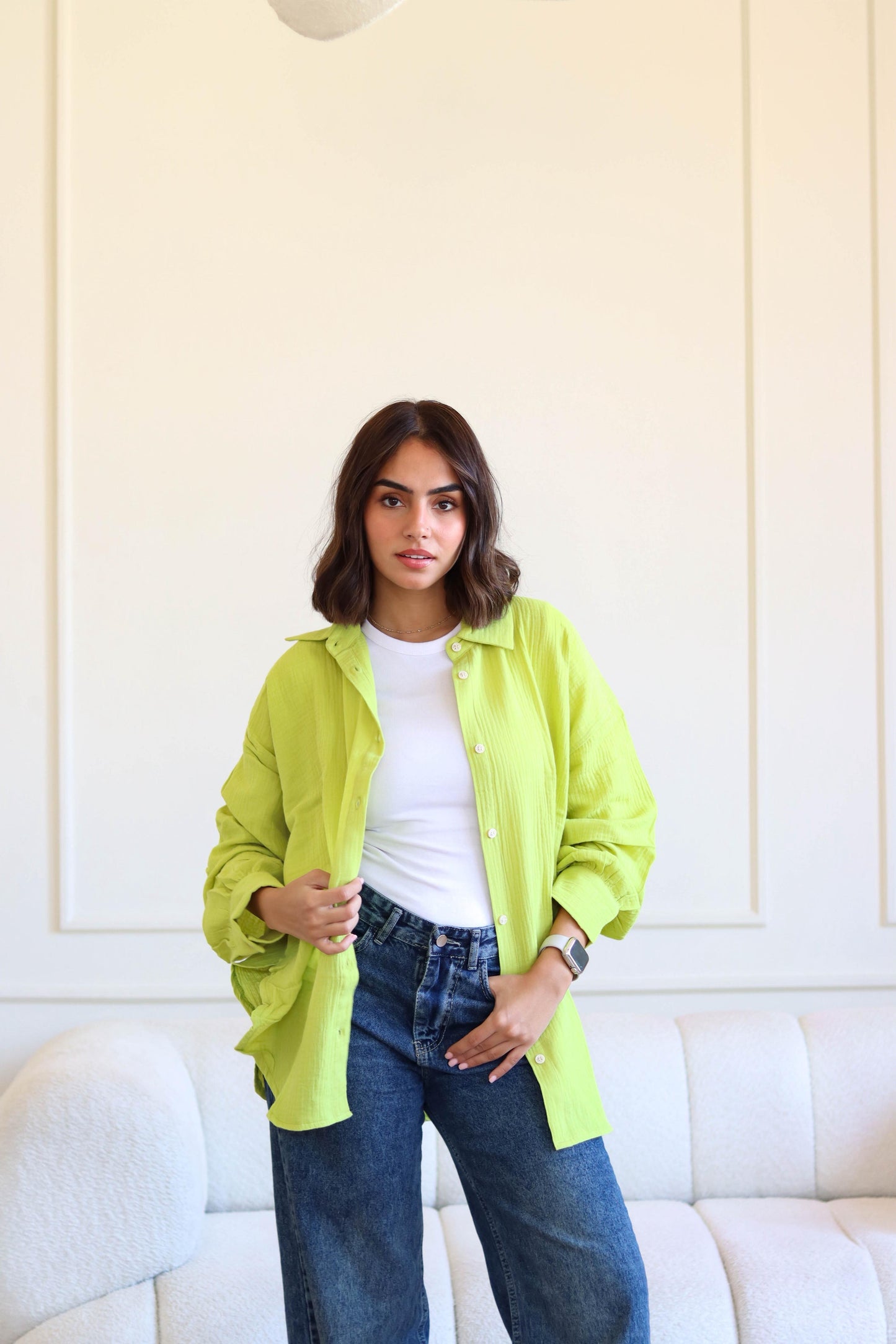Waffle Cotton Shirt In Lime