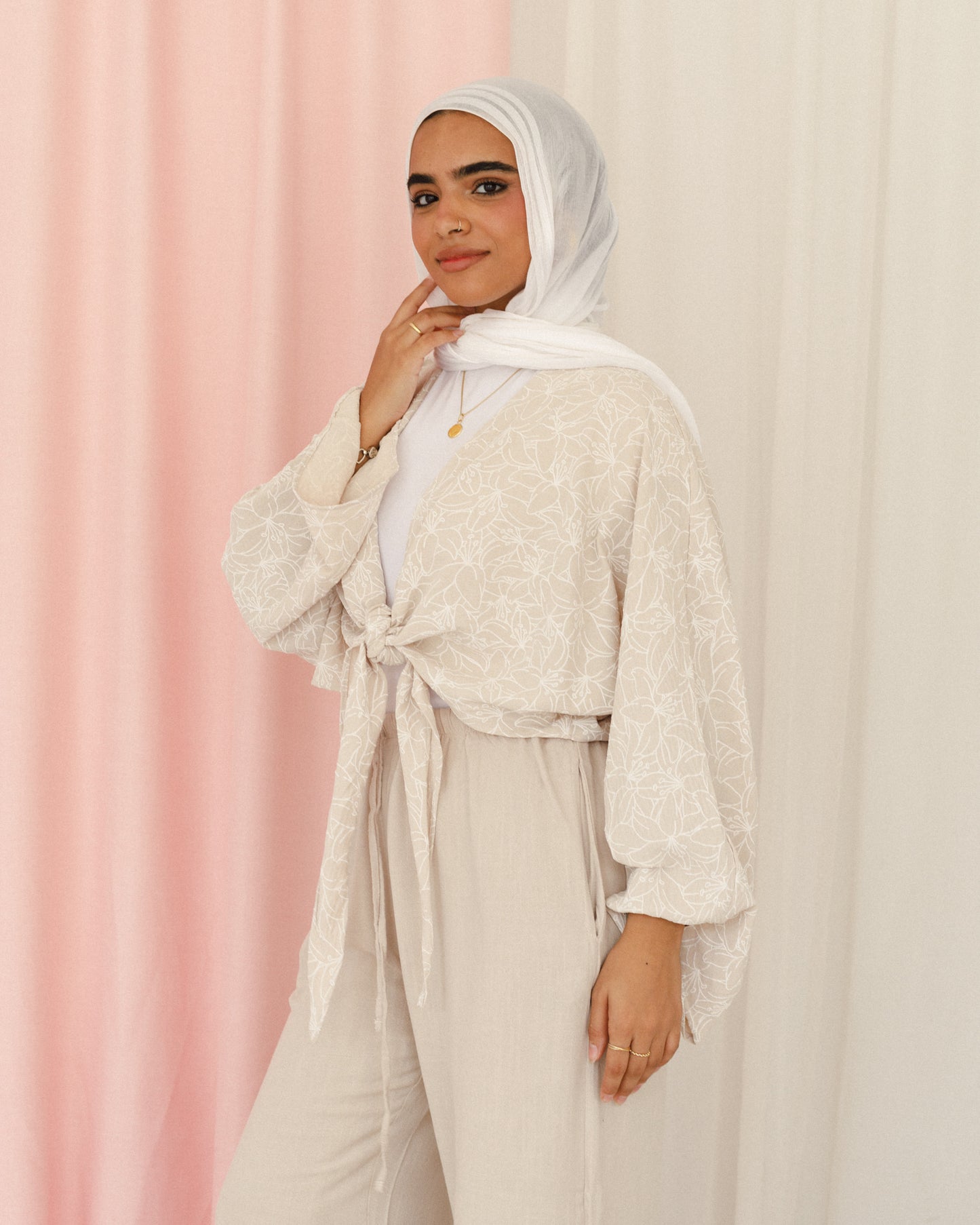 New Embroidered Tie Top Beige