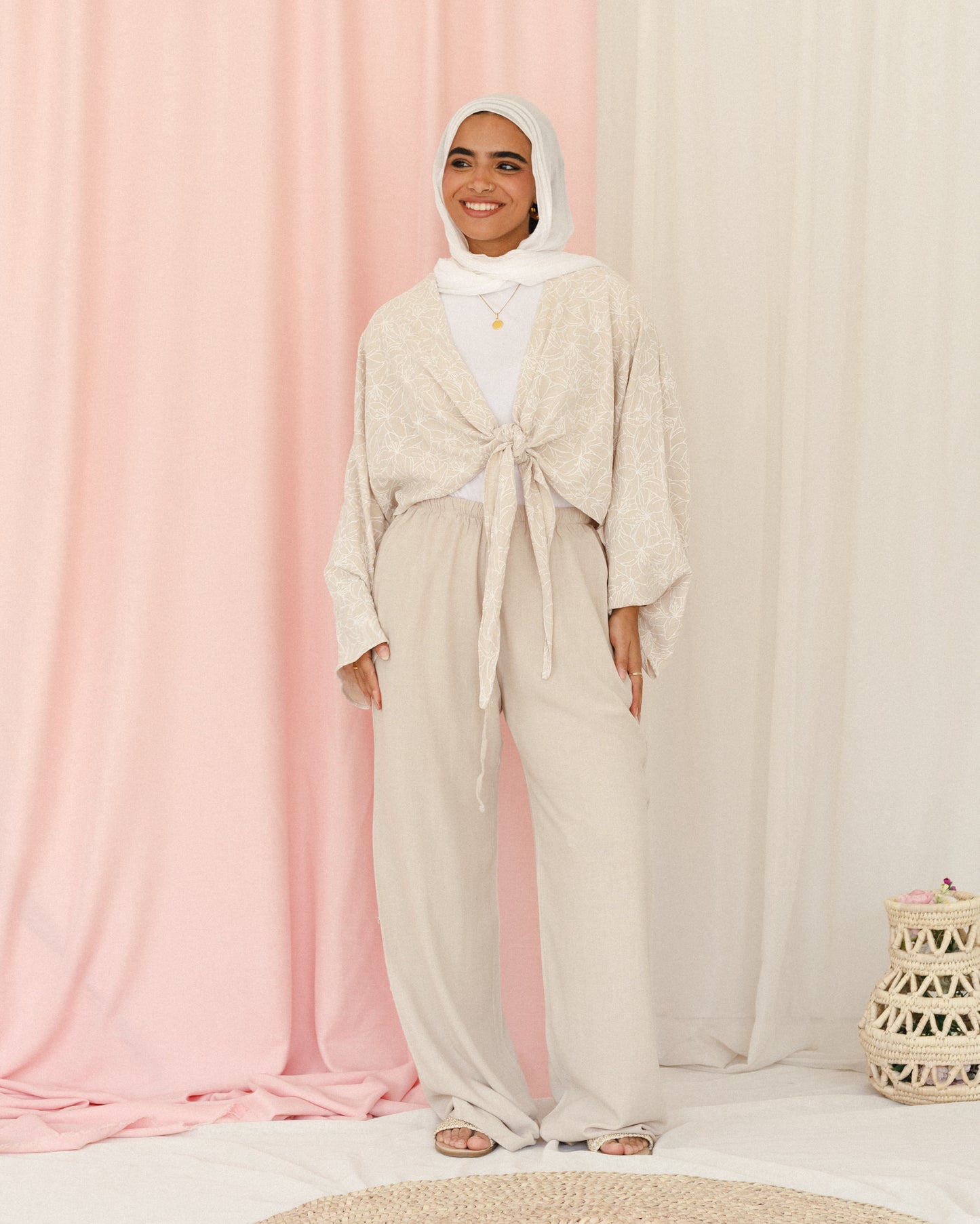 New Embroidered Tie Top Beige