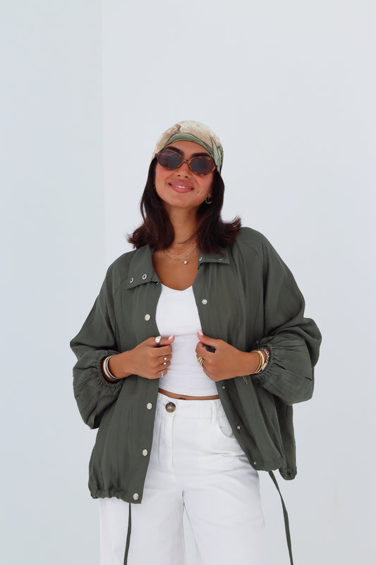 Silver Button Overshirt - Olive