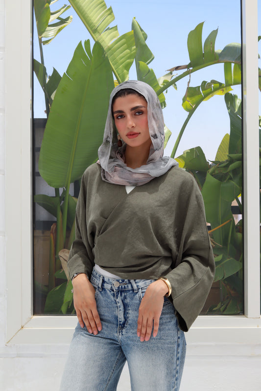 Cropped Flowy Sleeve Top - Olive