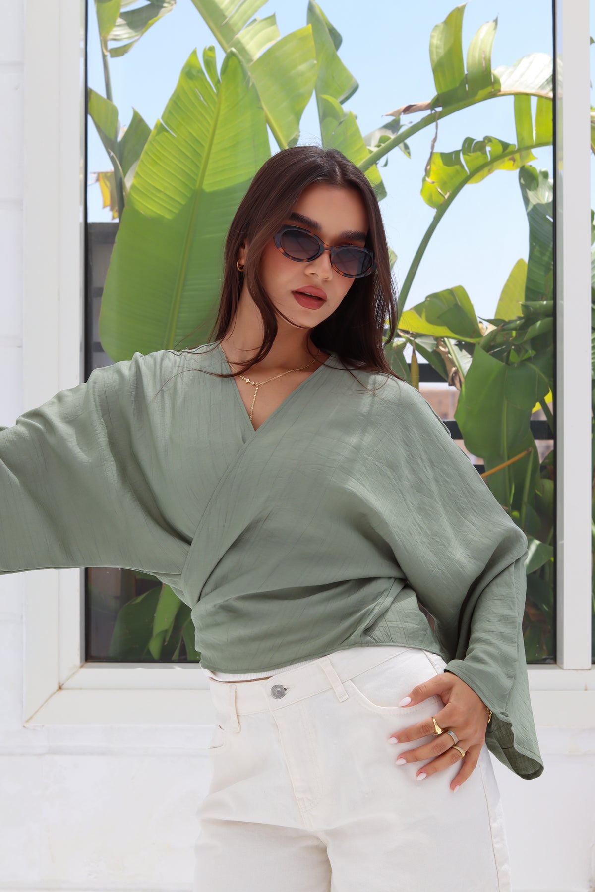 Cropped Flowy Sleeve Top - Sage Green