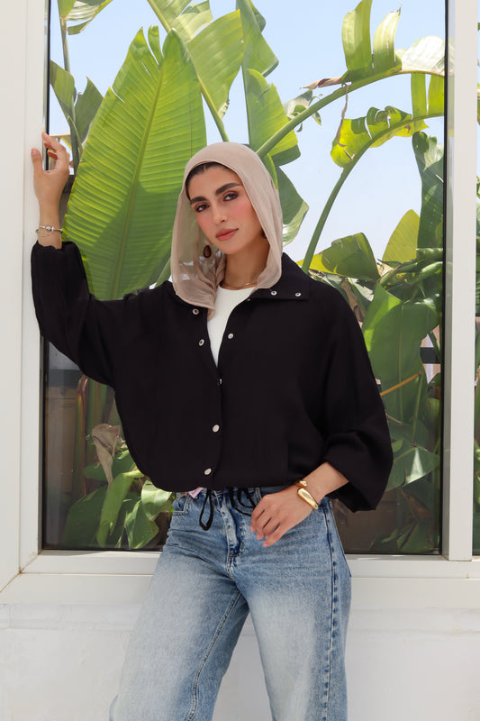 Silver Button Overshirt - Black