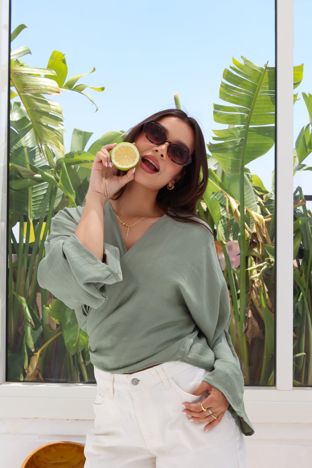 Cropped Flowy Sleeve Top - Sage Green