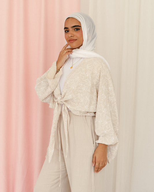 New Embroidered Tie Top Beige