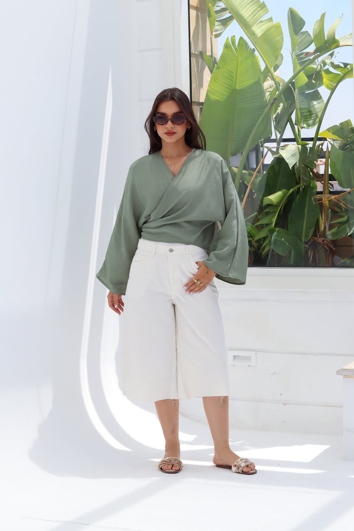 Cropped Flowy Sleeve Top - Sage Green