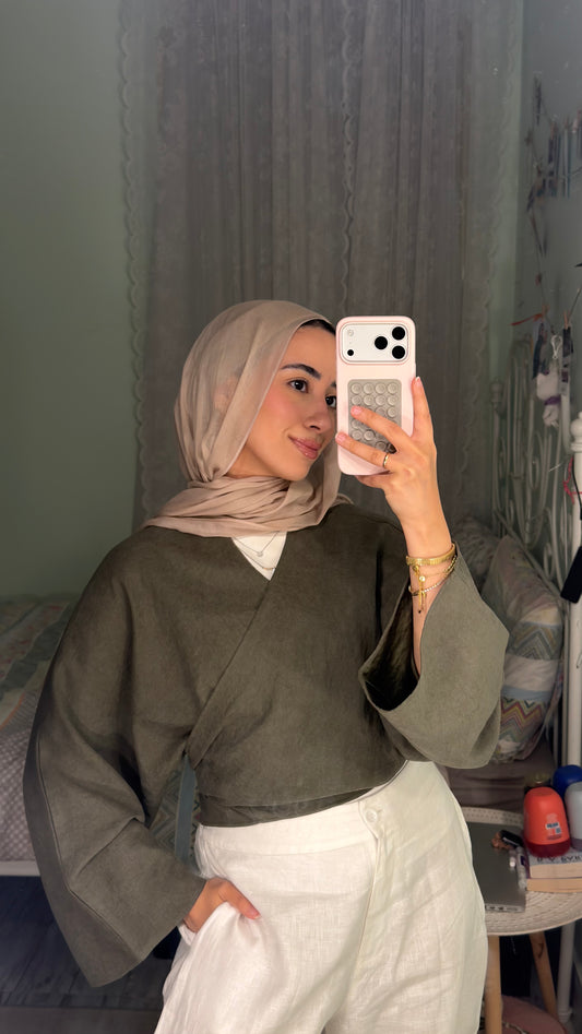 Cropped Flowy Sleeve Top - Olive