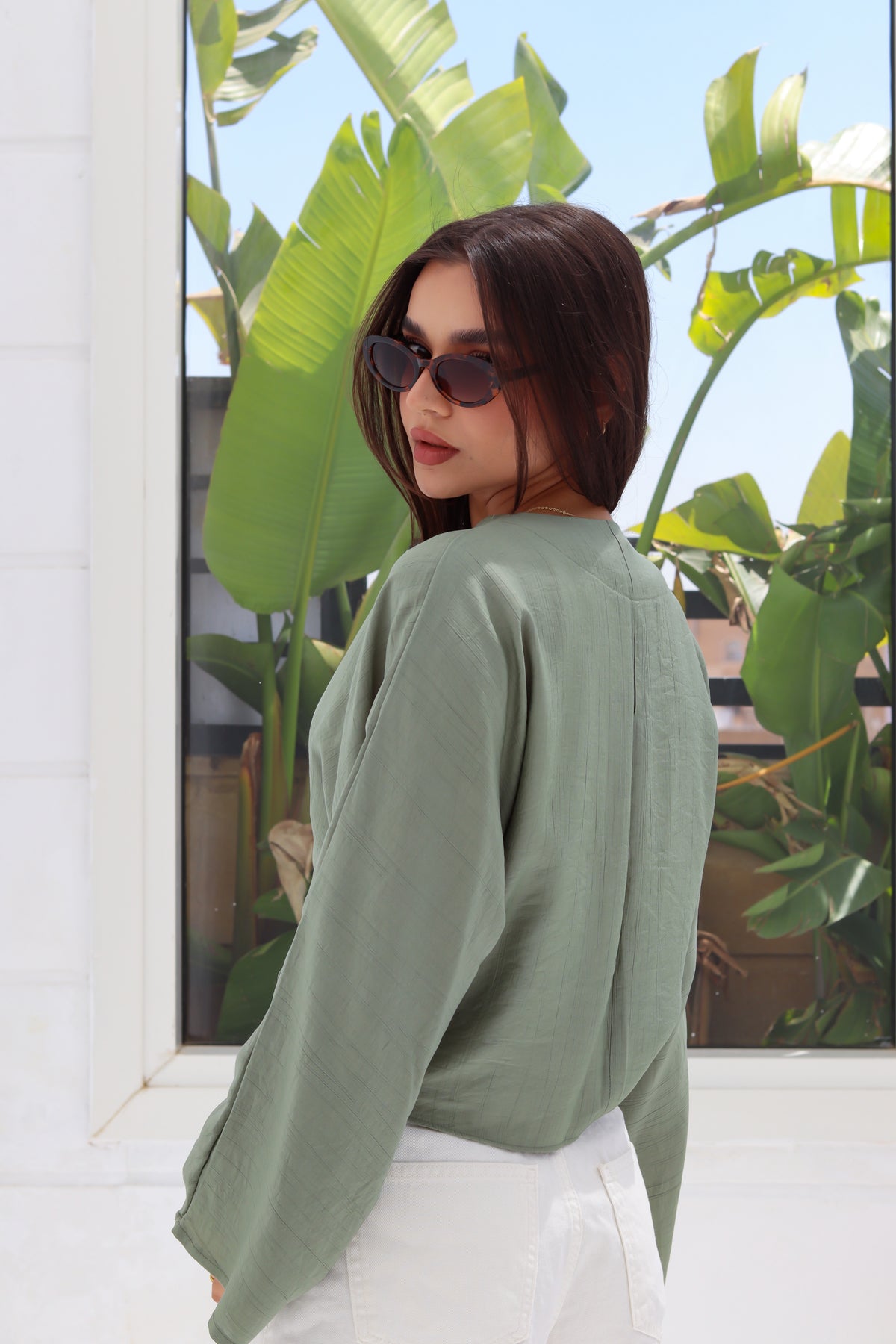 Cropped Flowy Sleeve Top - Sage Green