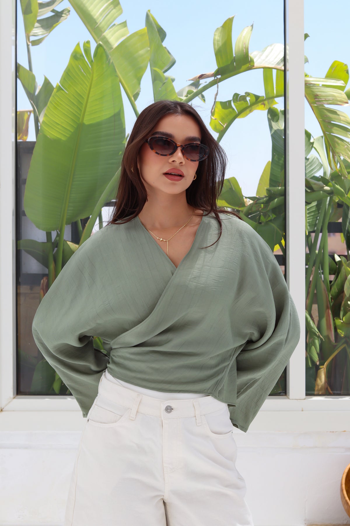 Cropped Flowy Sleeve Top - Sage Green