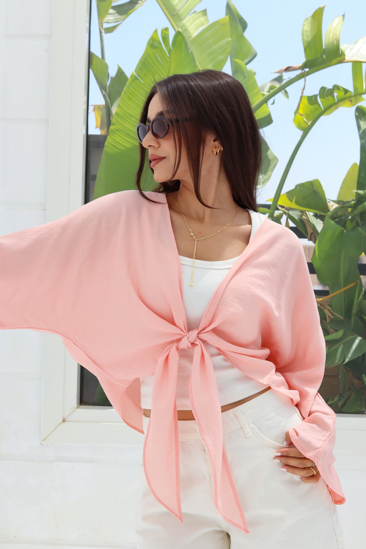 Cropped Flowy Sleeve Top - Peach