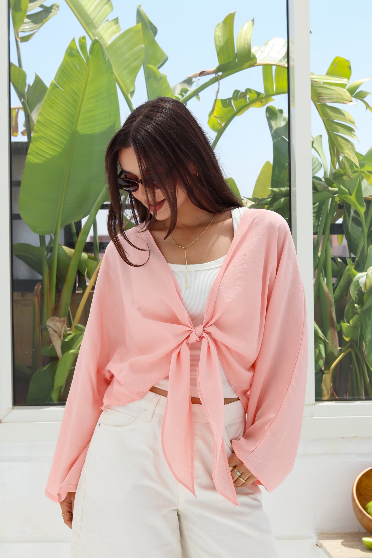 Cropped Flowy Sleeve Top - Peach