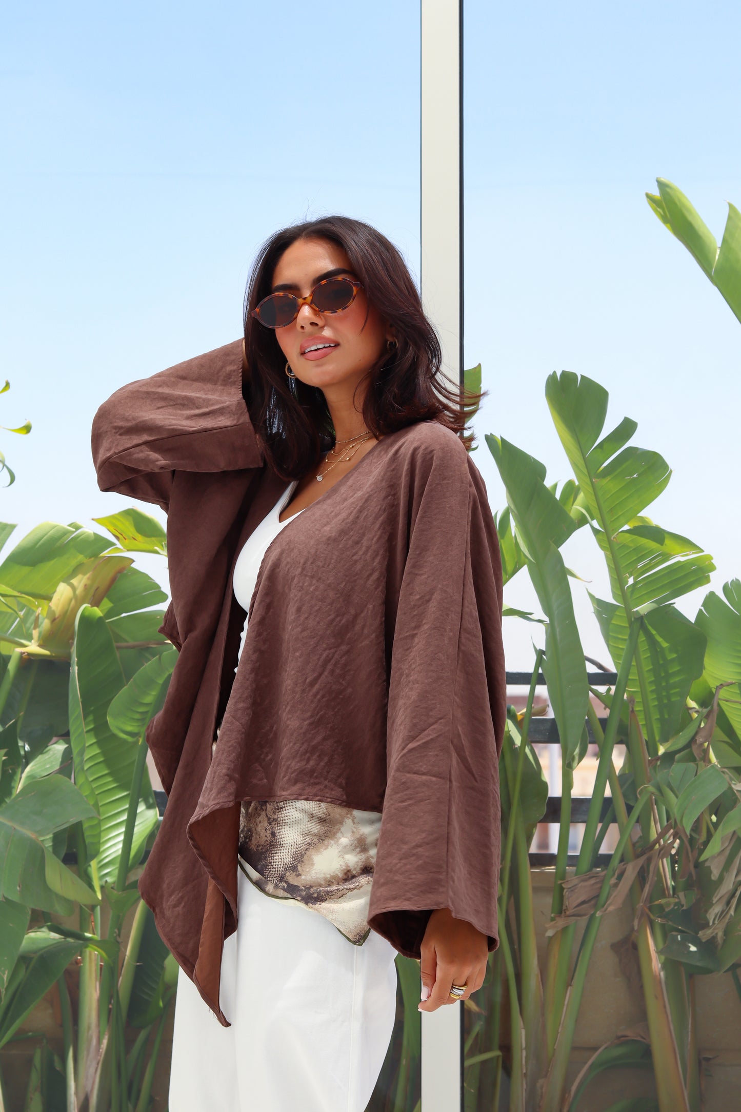 Cropped Flowy Sleeve Top - Brown