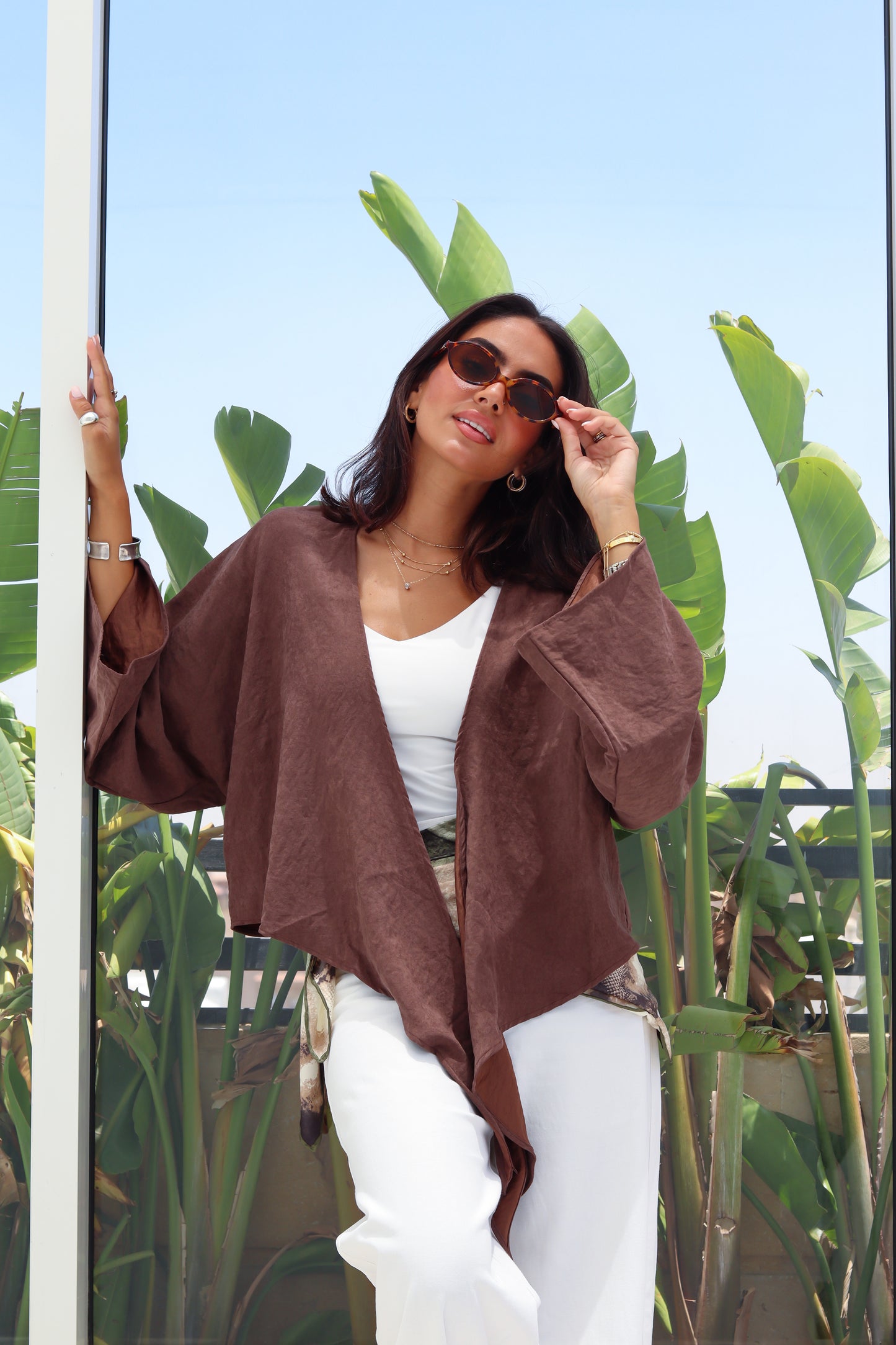 Cropped Flowy Sleeve Top - Brown