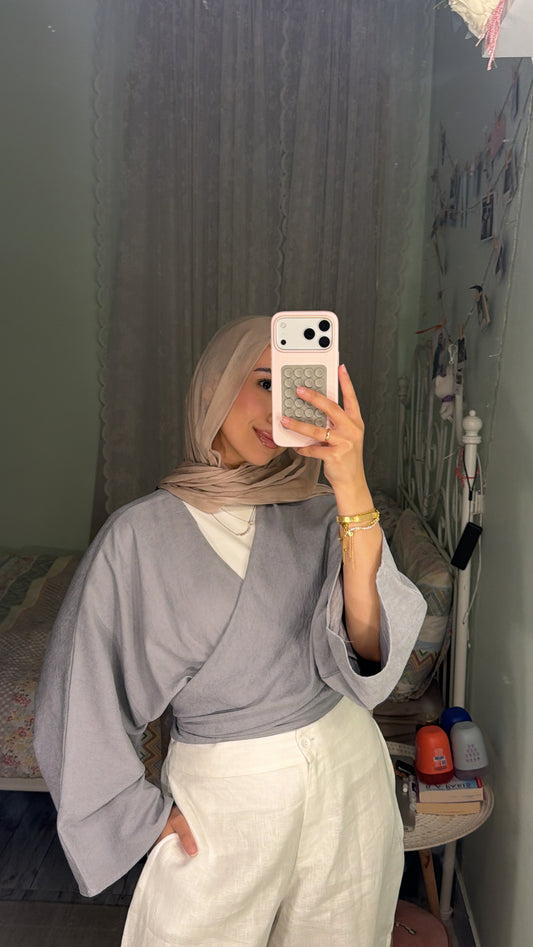 Cropped Flowy Sleeve Top - Greyish/ Blue