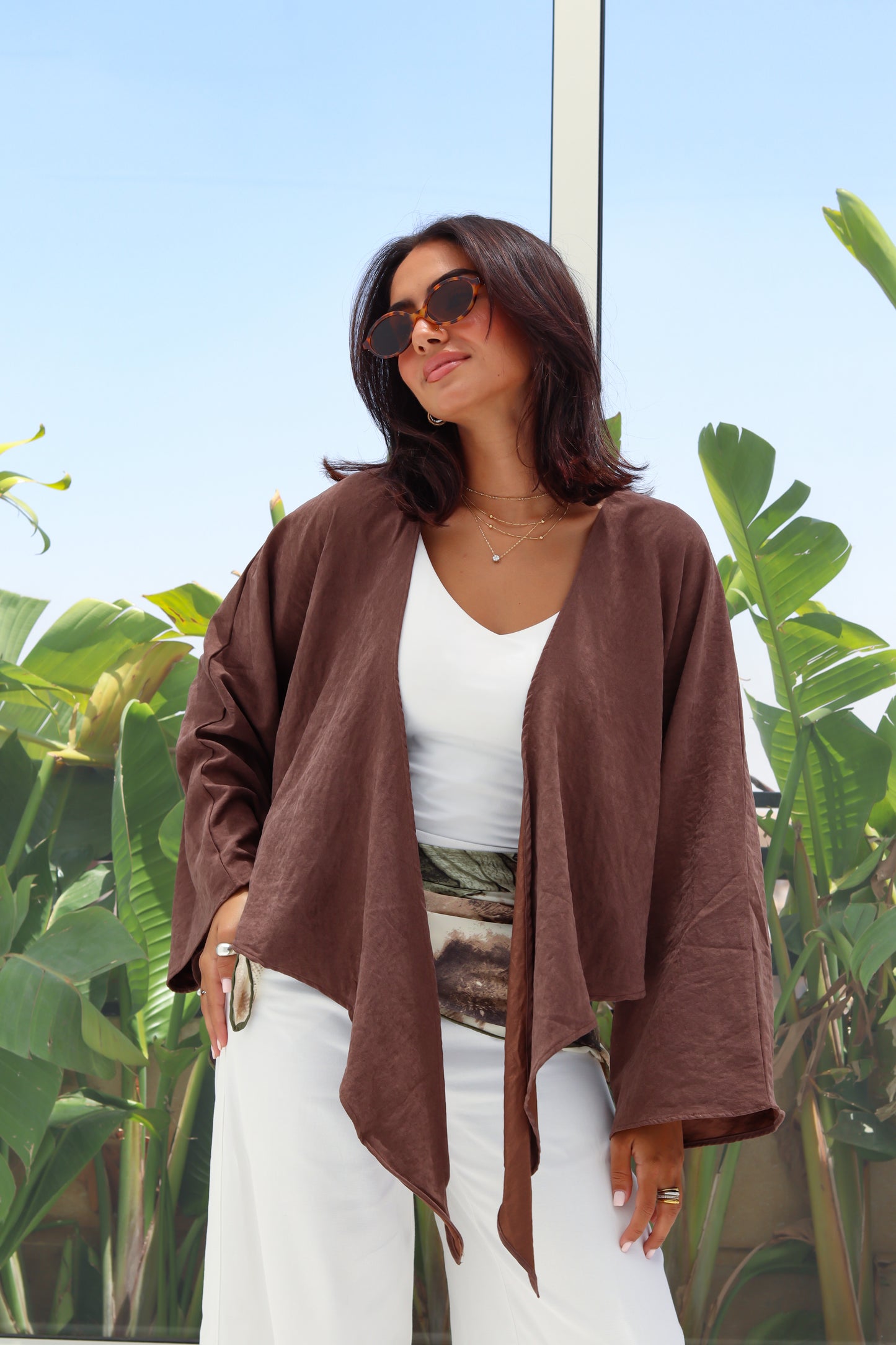 Cropped Flowy Sleeve Top - Brown