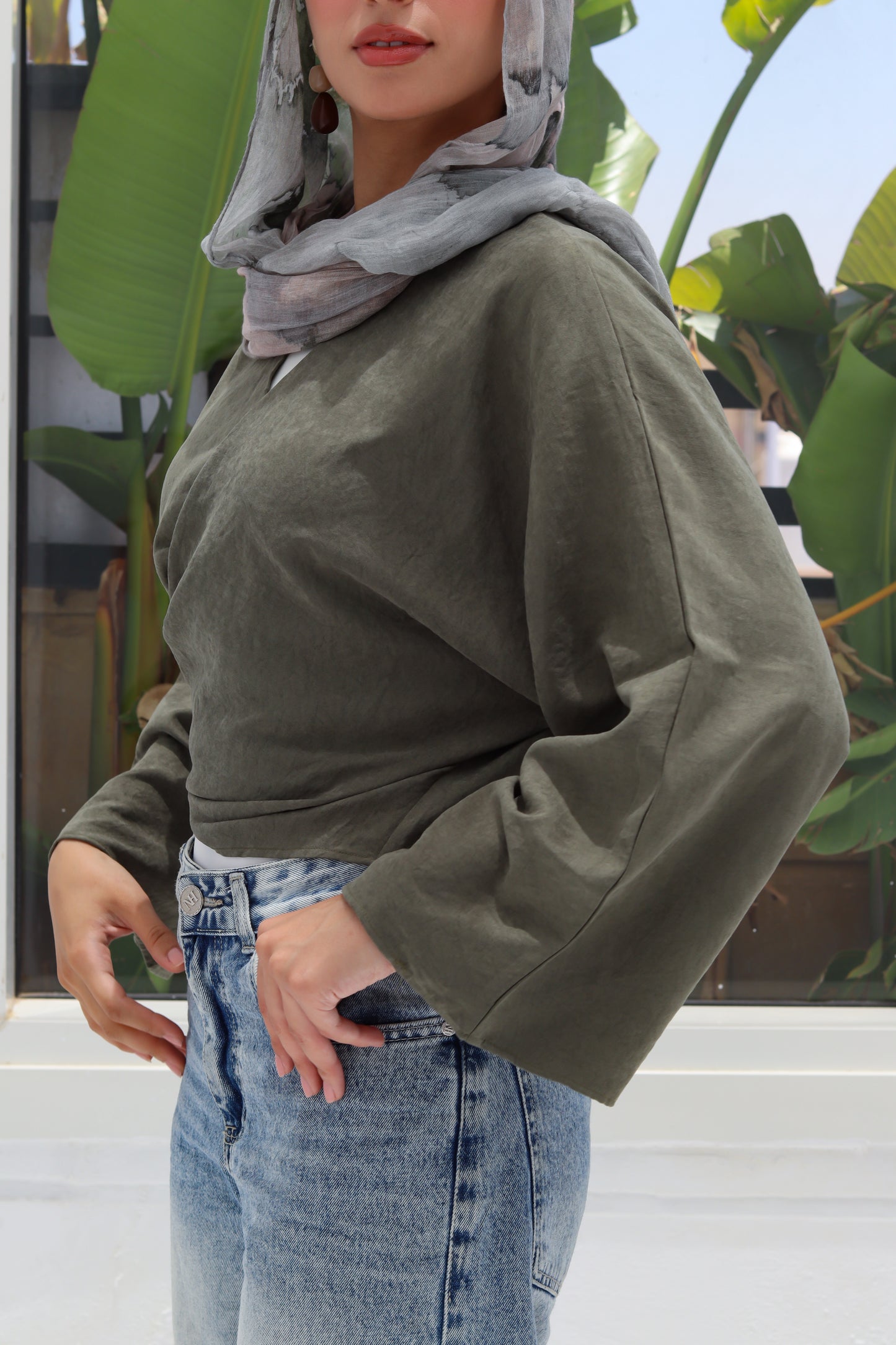 Cropped Flowy Sleeve Top - Olive