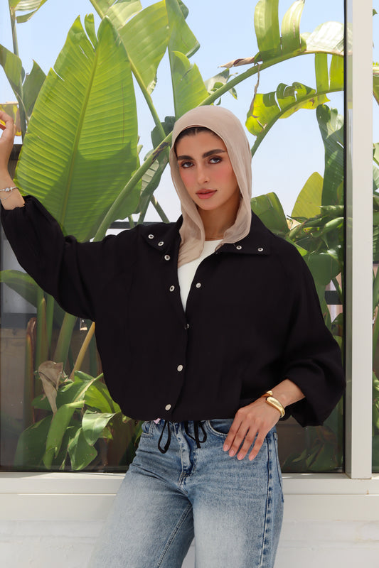 Silver Button Overshirt - Black