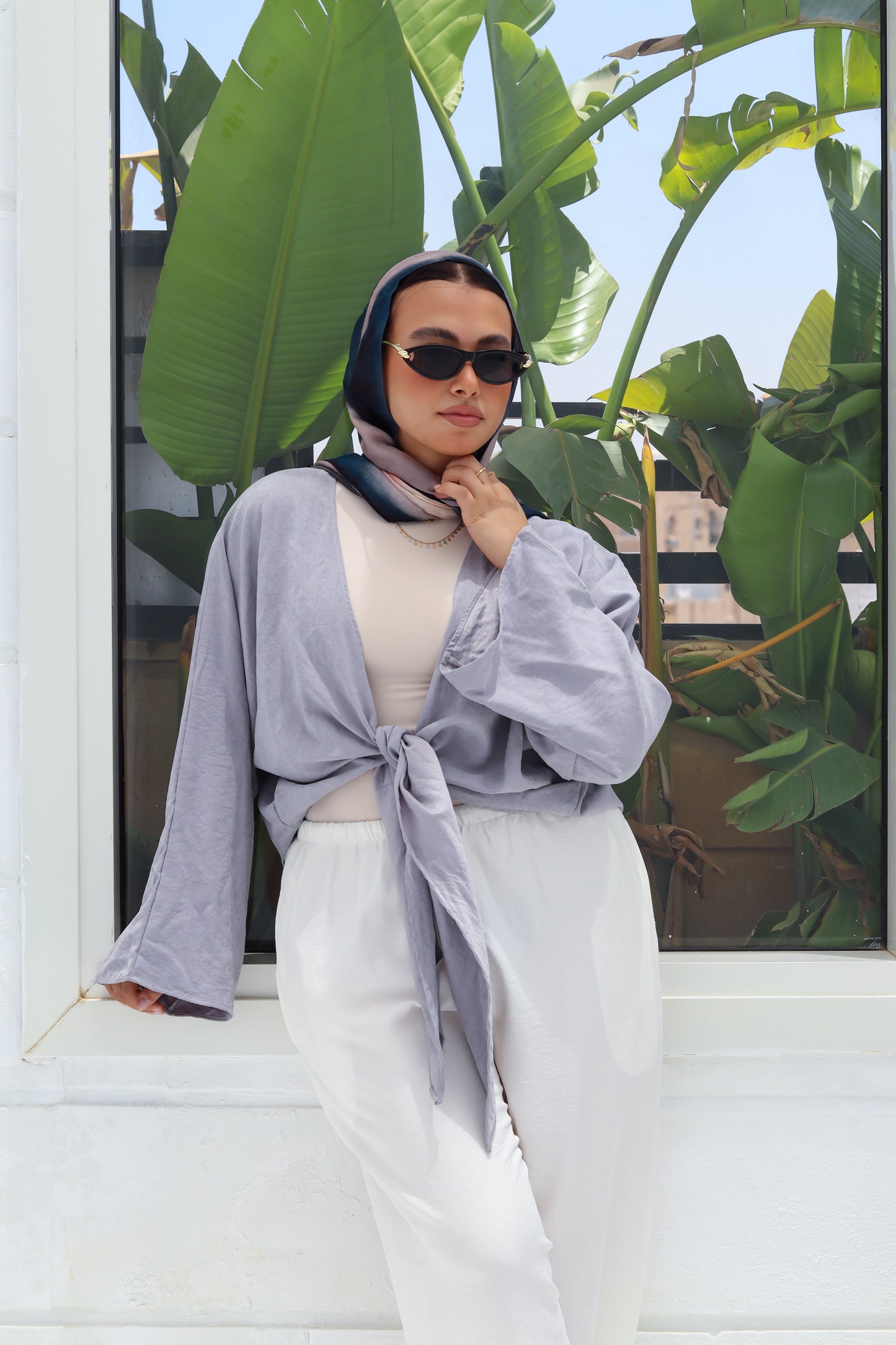 Cropped Flowy Sleeve Top - Greyish/ Blue
